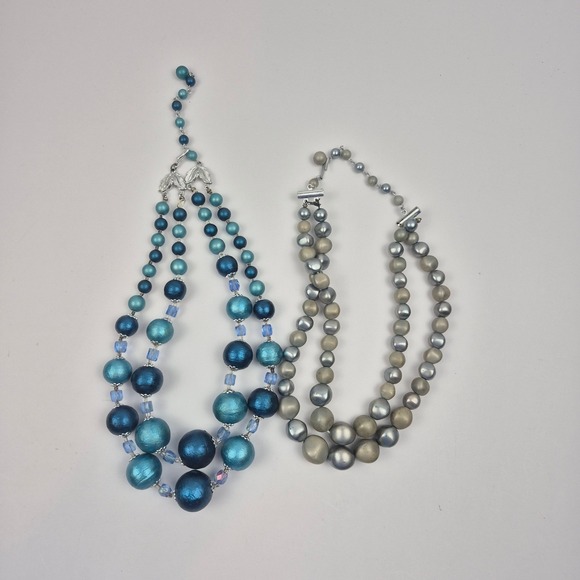 Vtg Beaded Necklace Lot 5pc Blue Green Japan Marked Faux Pearl Velvet Layering - Picture 5 of 16